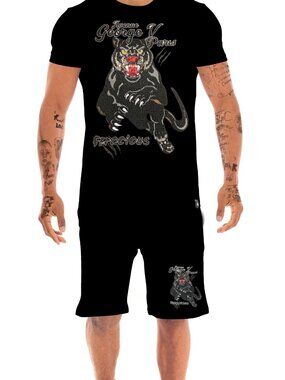 Avenue George V Paris Short Set Men's Black 2 piece set panther Rhinestone  XL